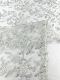 Corded Lace with Butterfly Embroidery and Sequin on Mesh Fabric By The Yard. White Silver