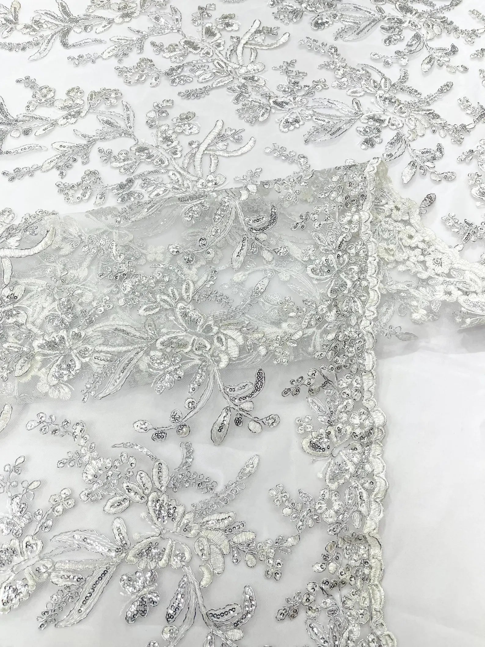Corded Lace with Butterfly Embroidery and Sequin on Mesh Fabric By The Yard. White Silver