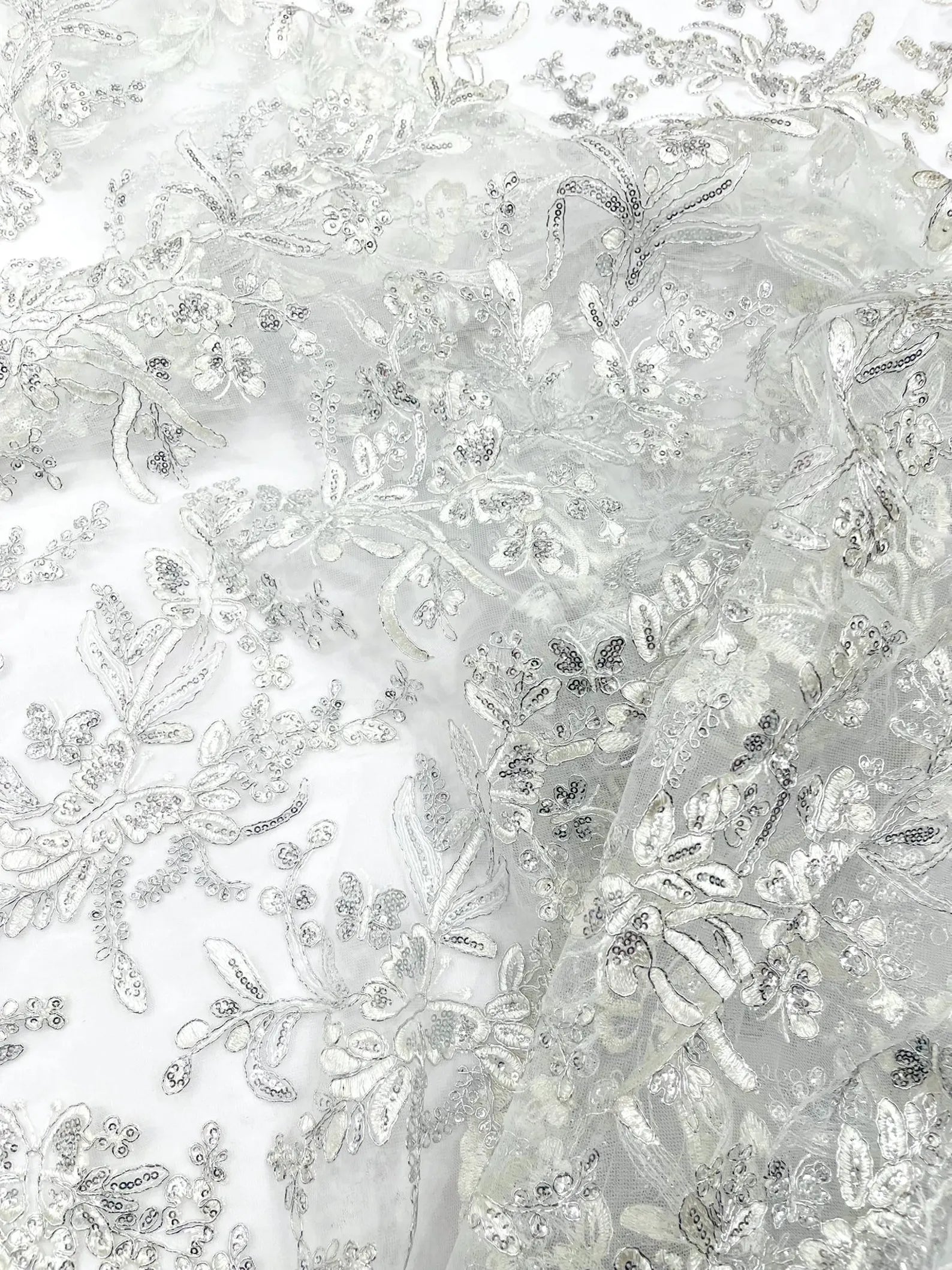 Corded Lace with Butterfly Embroidery and Sequin on Mesh Fabric By The Yard. White Silver