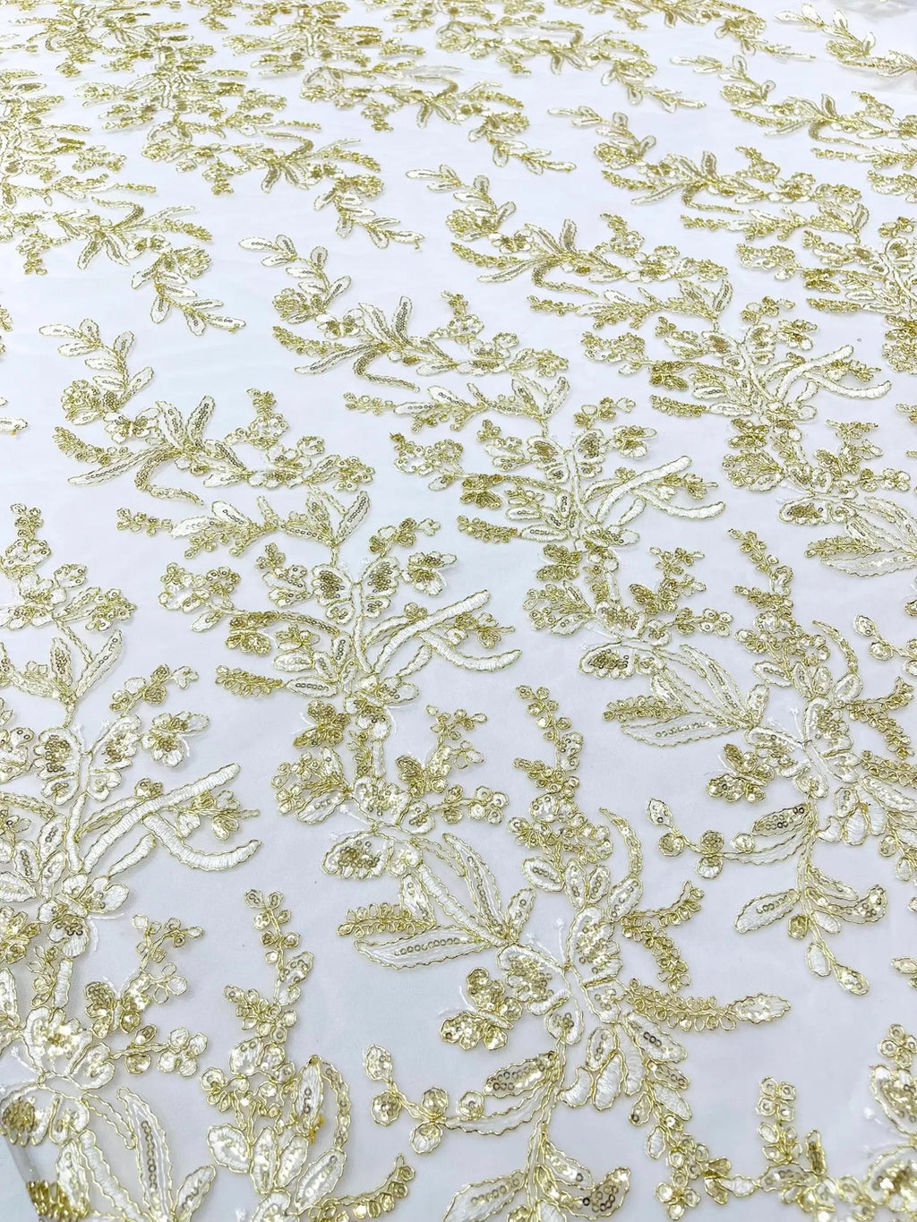 Corded Lace with Butterfly Embroidery and Sequin on Mesh Fabric By The Yard. Ivory Gold