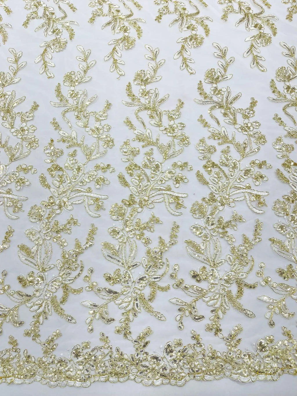 Corded Lace with Butterfly Embroidery and Sequin on Mesh Fabric By The Yard. Ivory Gold