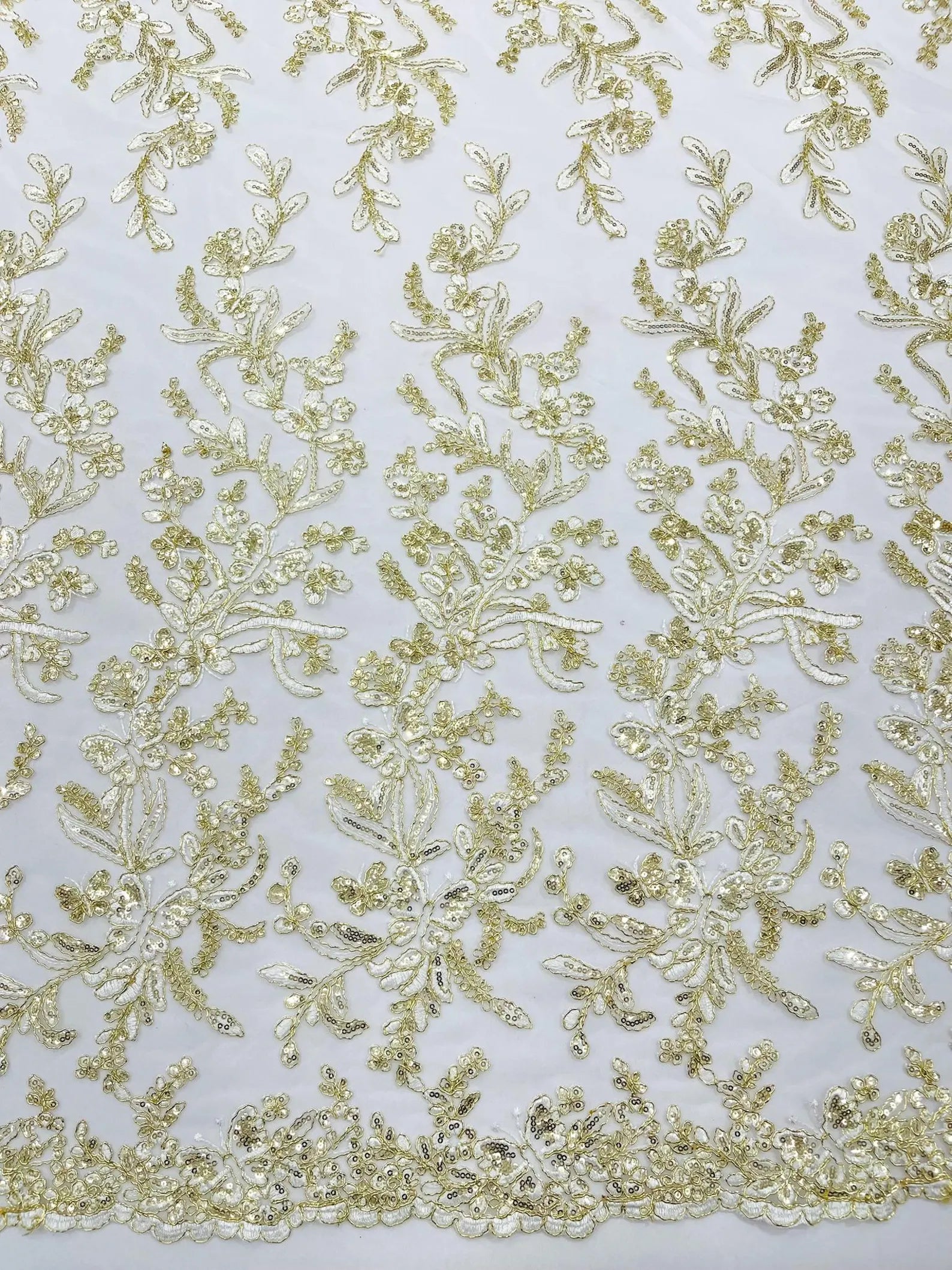 Corded Lace with Butterfly Embroidery and Sequin on Mesh Fabric By The Yard. Ivory Gold