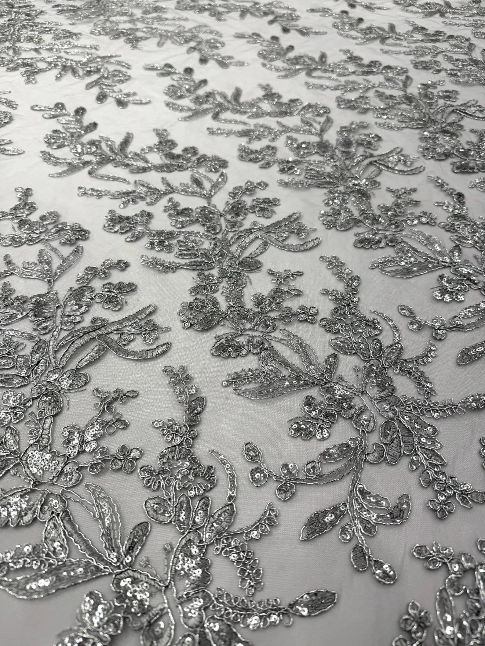 Corded Lace with Butterfly Embroidery and Sequin on Mesh Fabric By The Yard. Silver