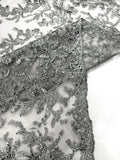 Corded Lace with Butterfly Embroidery and Sequin on Mesh Fabric By The Yard. Silver