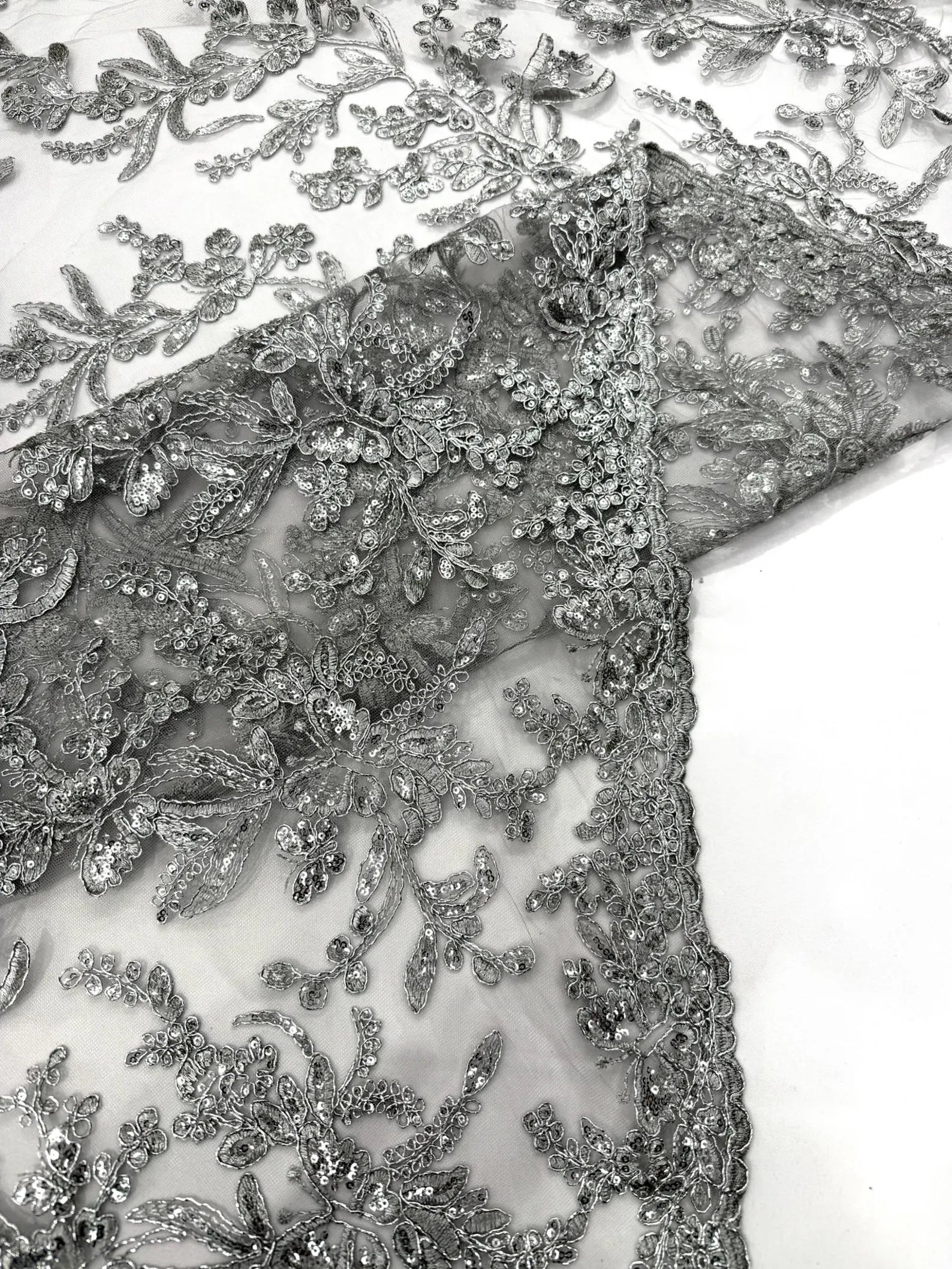 Corded Lace with Butterfly Embroidery and Sequin on Mesh Fabric By The Yard. Silver