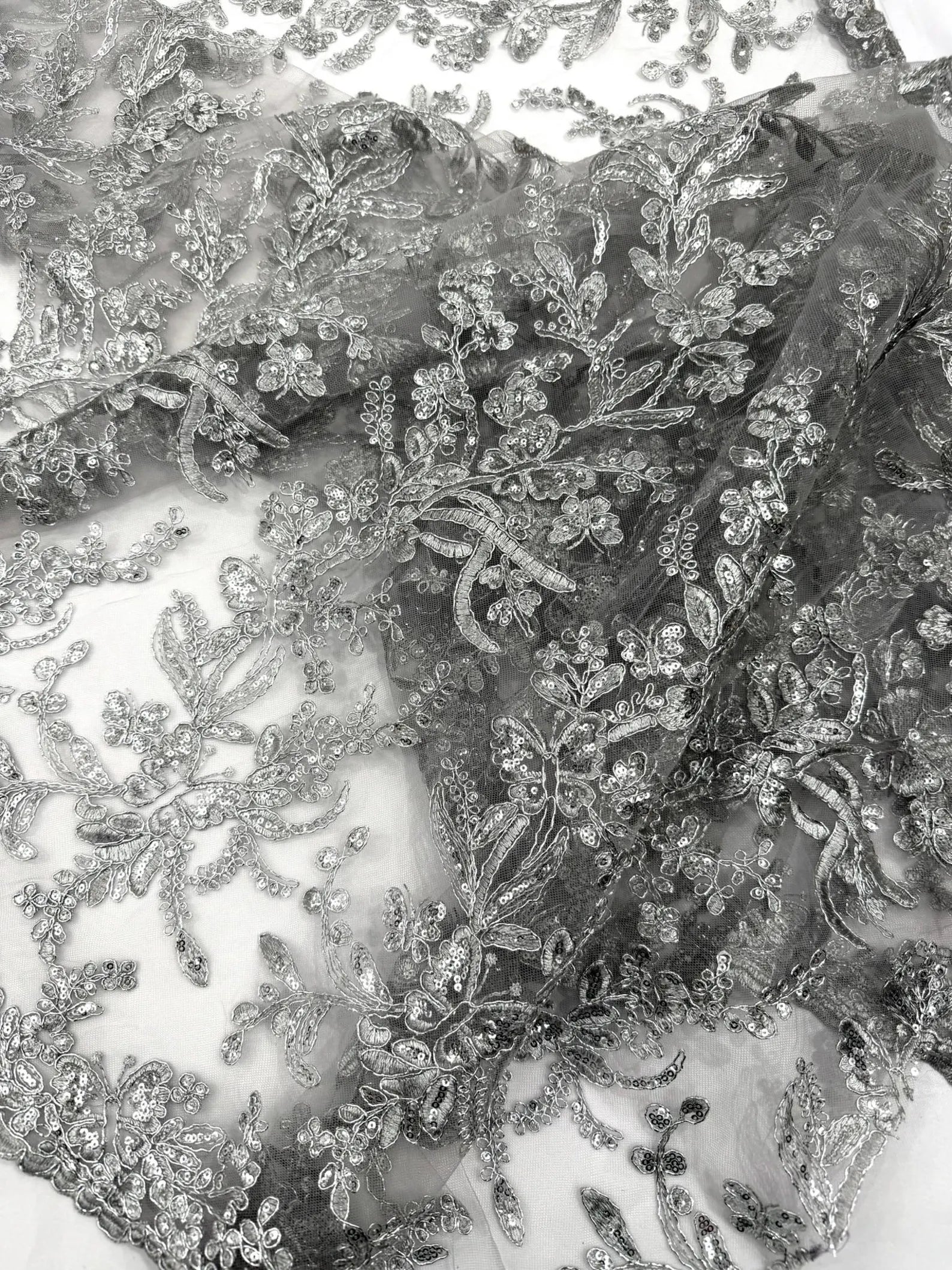 Corded Lace with Butterfly Embroidery and Sequin on Mesh Fabric By The Yard. Silver