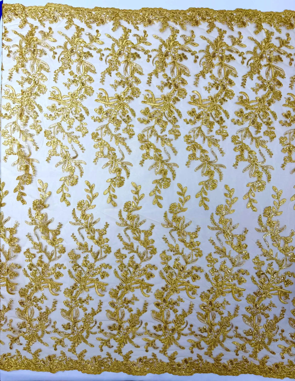 Corded Lace with Butterfly Embroidery and Sequin on Mesh Fabric By The Yard. Gold