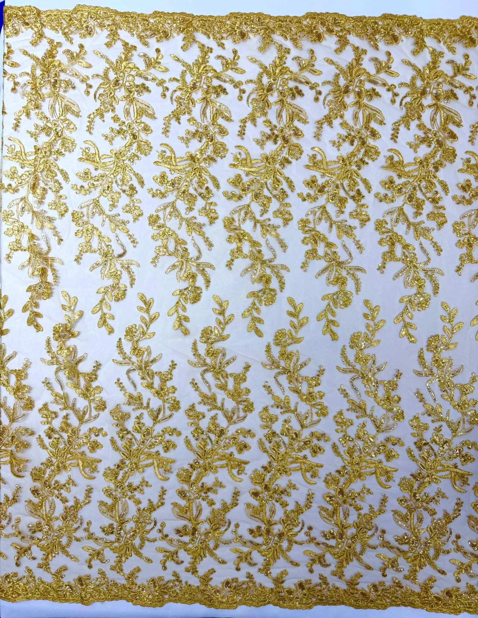 Corded Lace with Butterfly Embroidery and Sequin on Mesh Fabric By The Yard. Gold