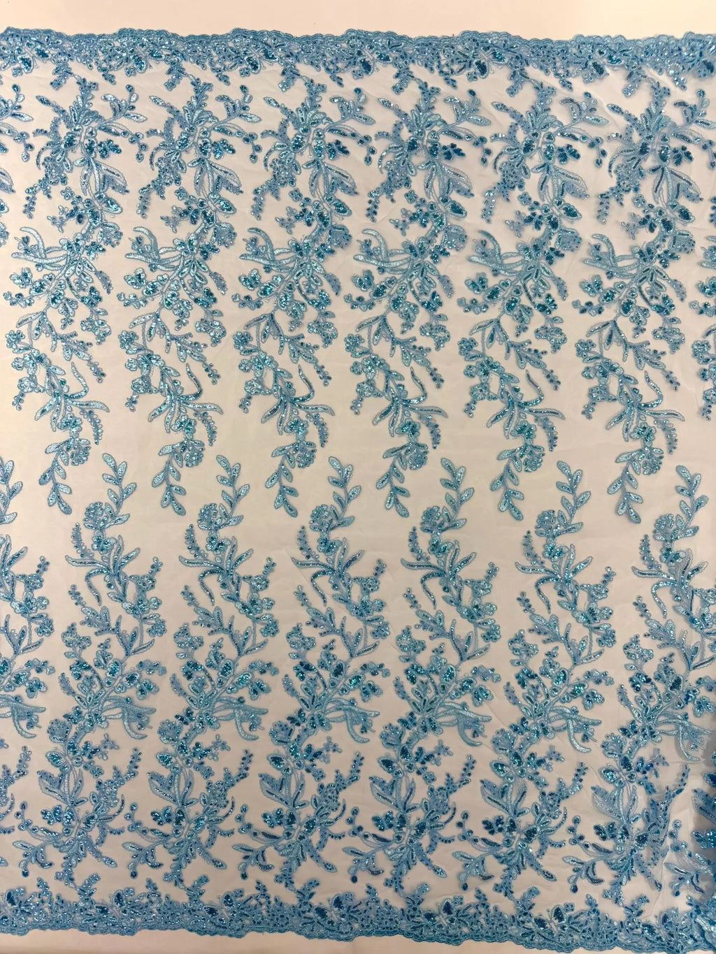Corded Lace with Butterfly Embroidery and Sequin on Mesh Fabric By The Yard. Lt Blue