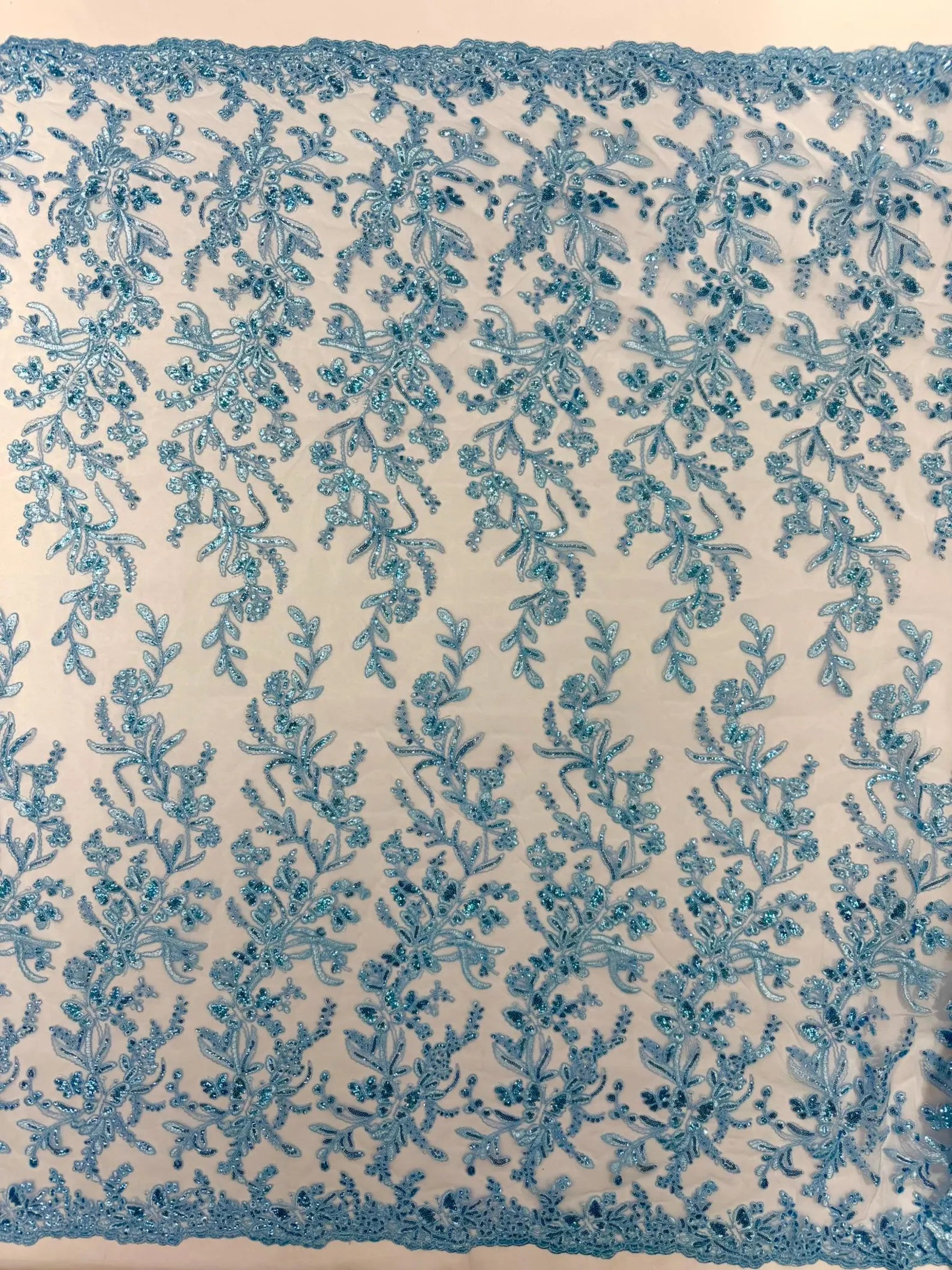 Corded Lace with Butterfly Embroidery and Sequin on Mesh Fabric By The Yard. Lt Blue