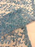 Corded Lace with Butterfly Embroidery and Sequin on Mesh Fabric By The Yard. Lt Blue