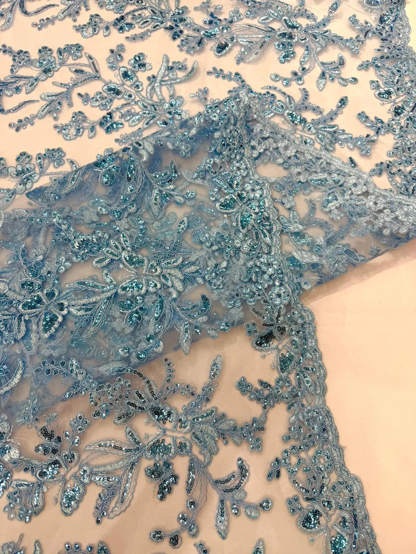 Corded Lace with Butterfly Embroidery and Sequin on Mesh Fabric By The Yard. Lt Blue