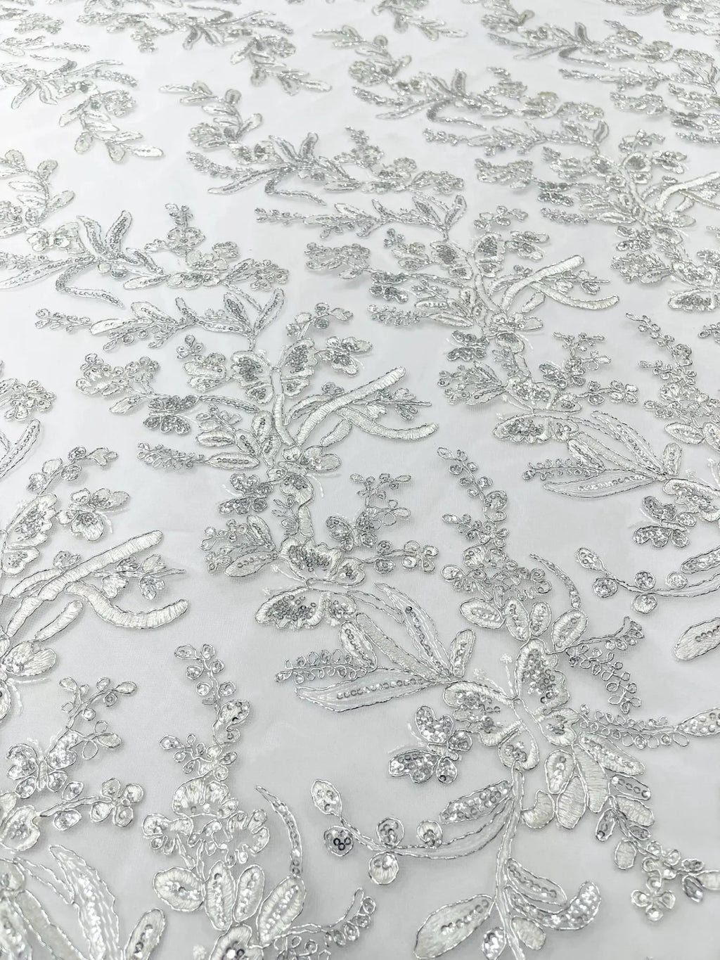 Corded Lace with Butterfly Embroidery and Sequin on Mesh Fabric By The Yard. White Silver