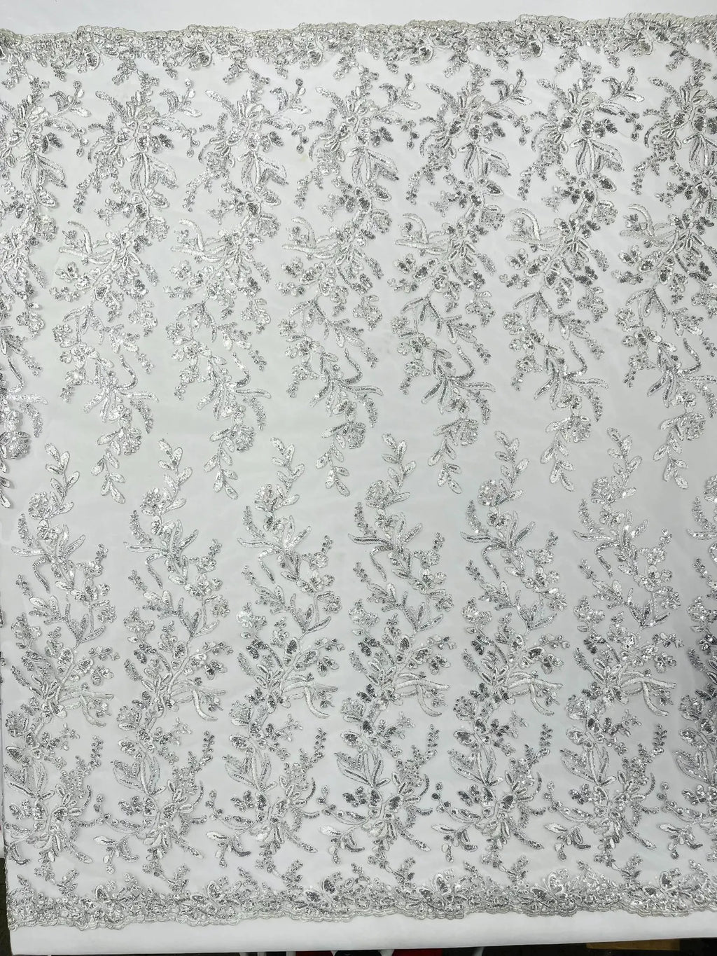 Corded Lace with Butterfly Embroidery and Sequin on Mesh Fabric By The Yard. White Silver