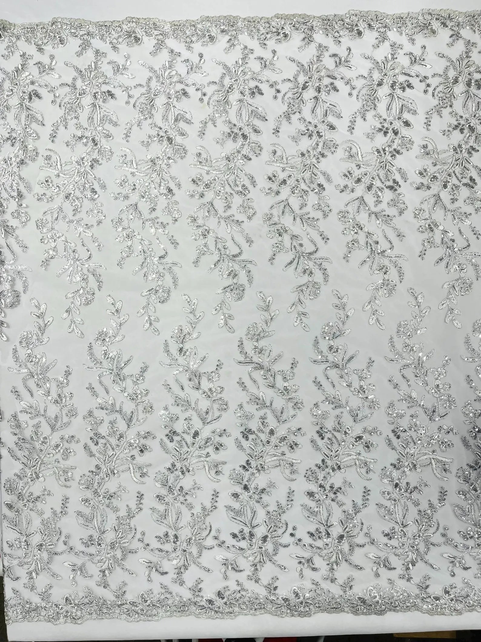 Corded Lace with Butterfly Embroidery and Sequin on Mesh Fabric By The Yard. White Silver