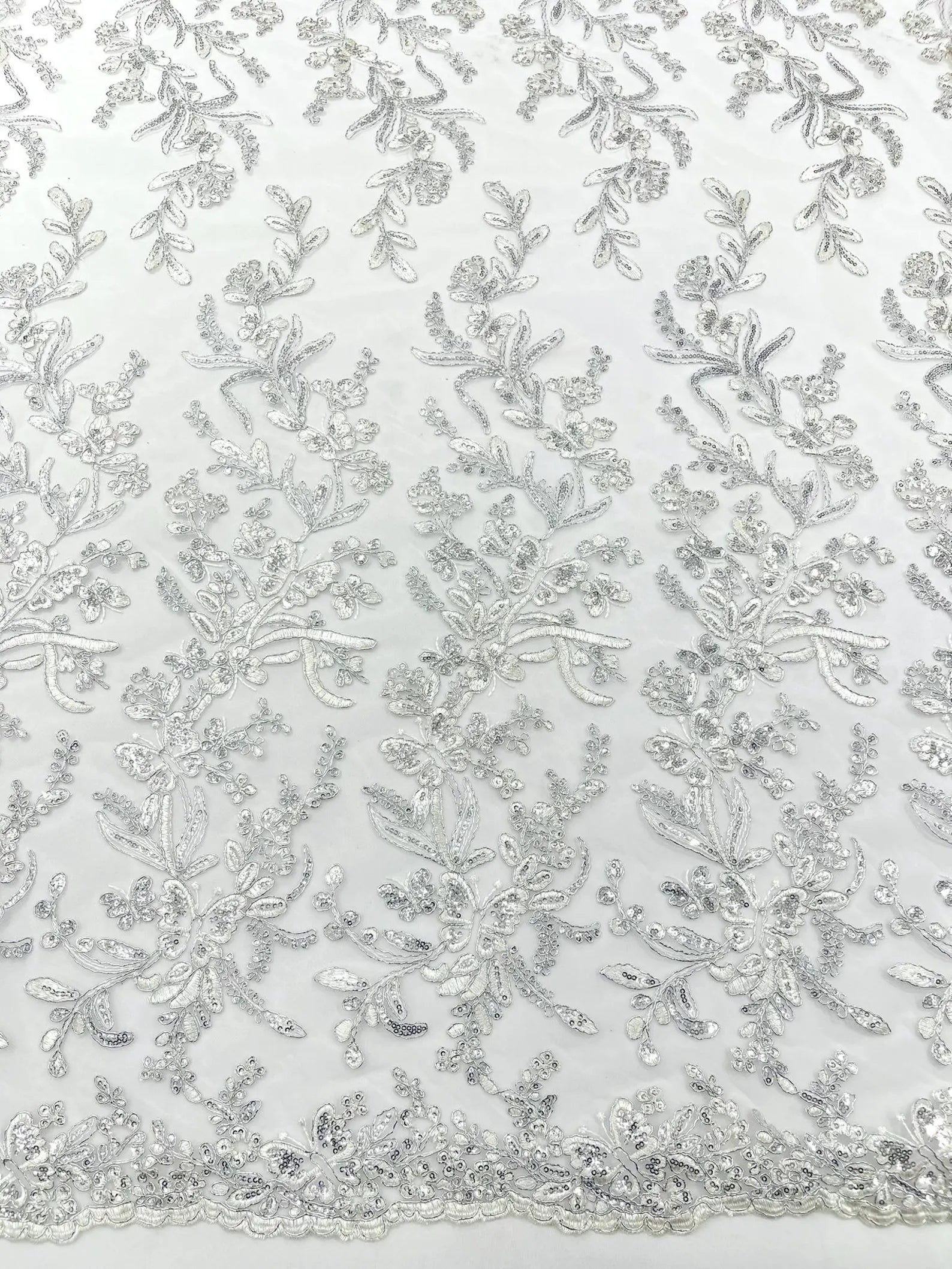 Corded Lace with Butterfly Embroidery and Sequin on Mesh Fabric By The Yard. White Silver