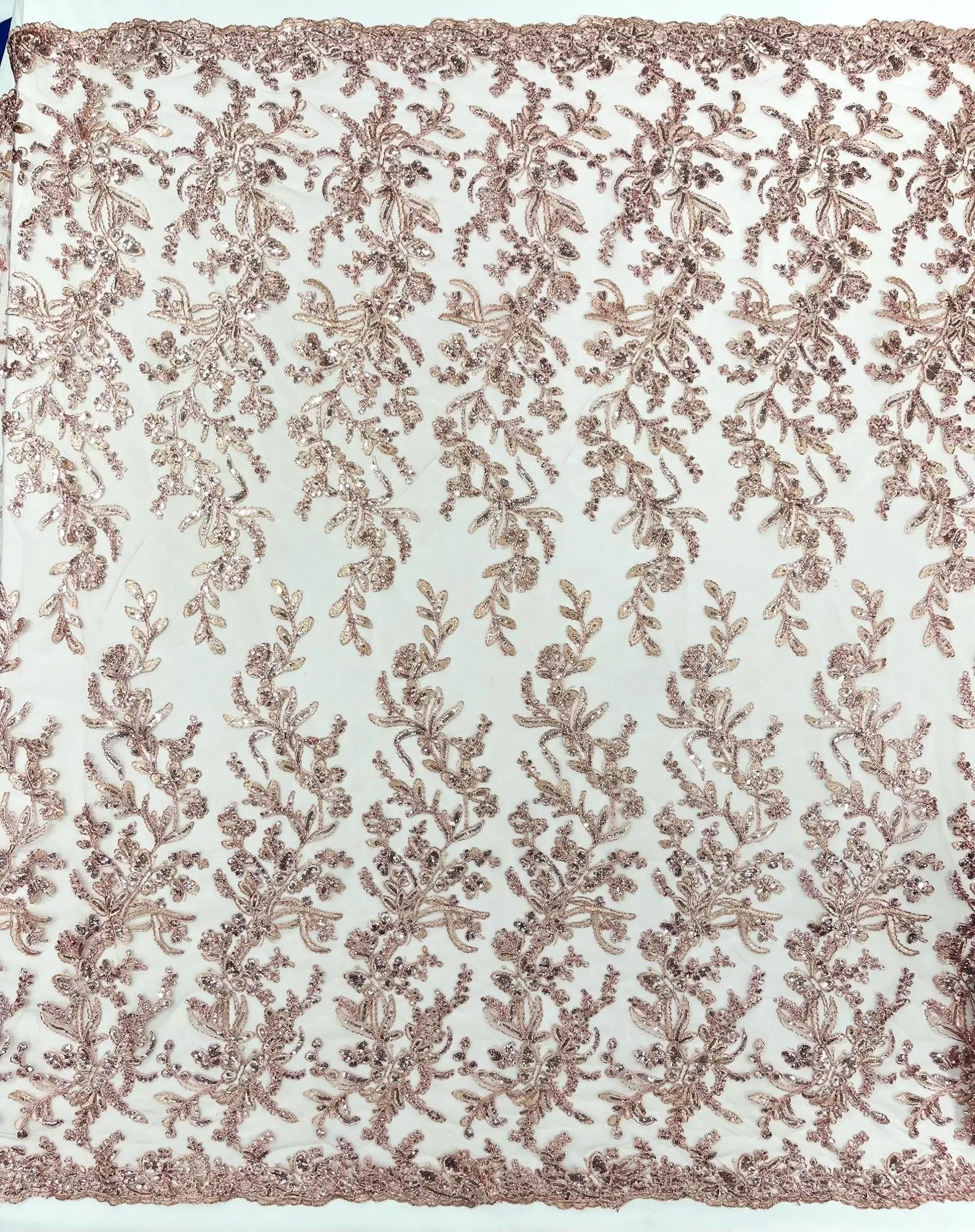Corded Lace with Butterfly Embroidery and Sequin on Mesh Fabric By The Yard. Dusty Rose