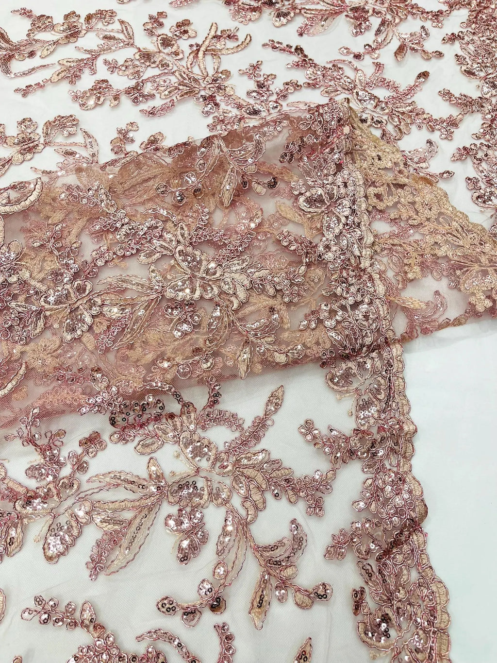 Corded Lace with Butterfly Embroidery and Sequin on Mesh Fabric By The Yard. Dusty Rose