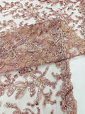 Corded Lace with Butterfly Embroidery and Sequin on Mesh Fabric By The Yard. Dusty Rose