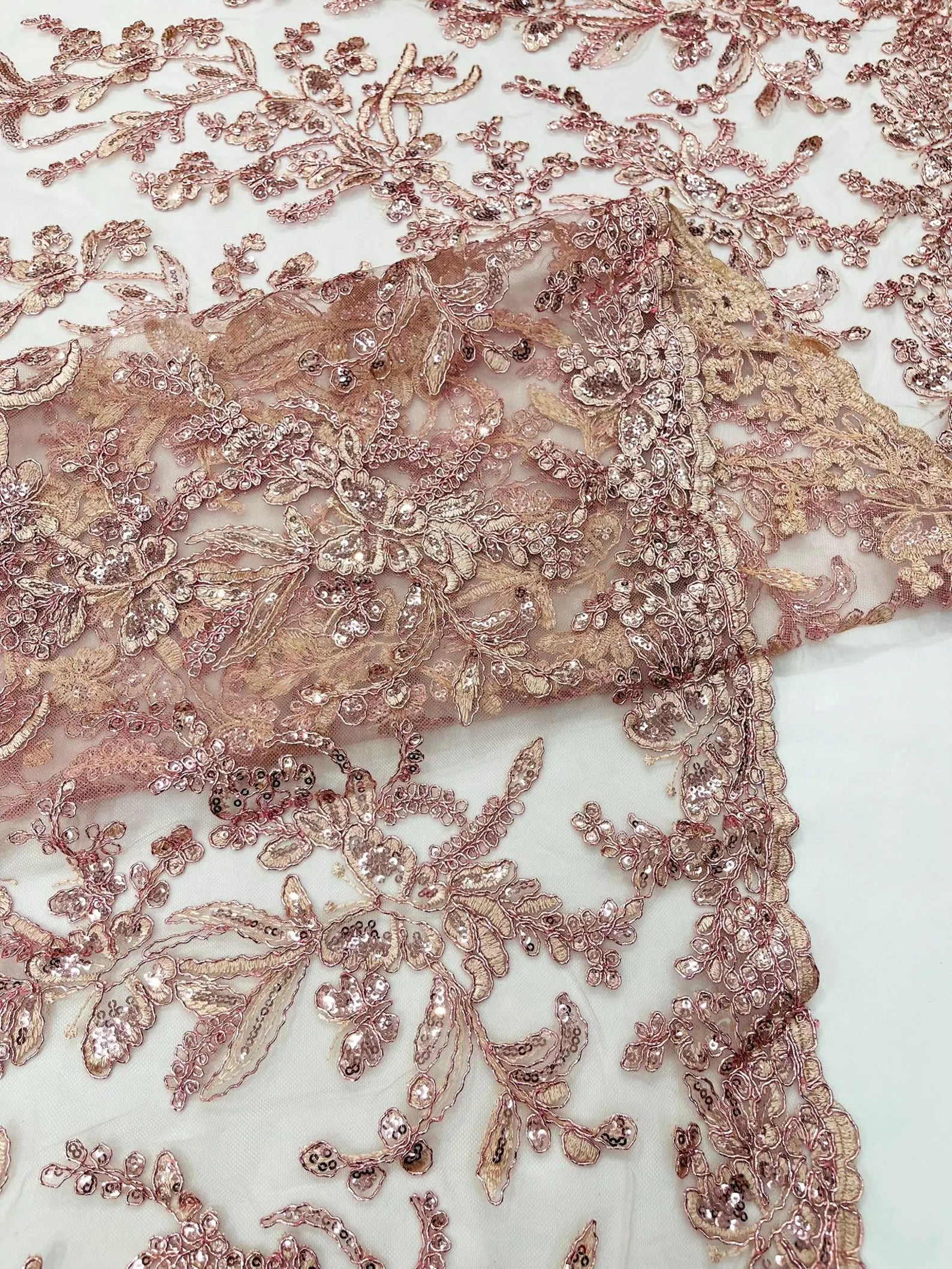 Corded Lace with Butterfly Embroidery and Sequin on Mesh Fabric By The Yard. Dusty Rose