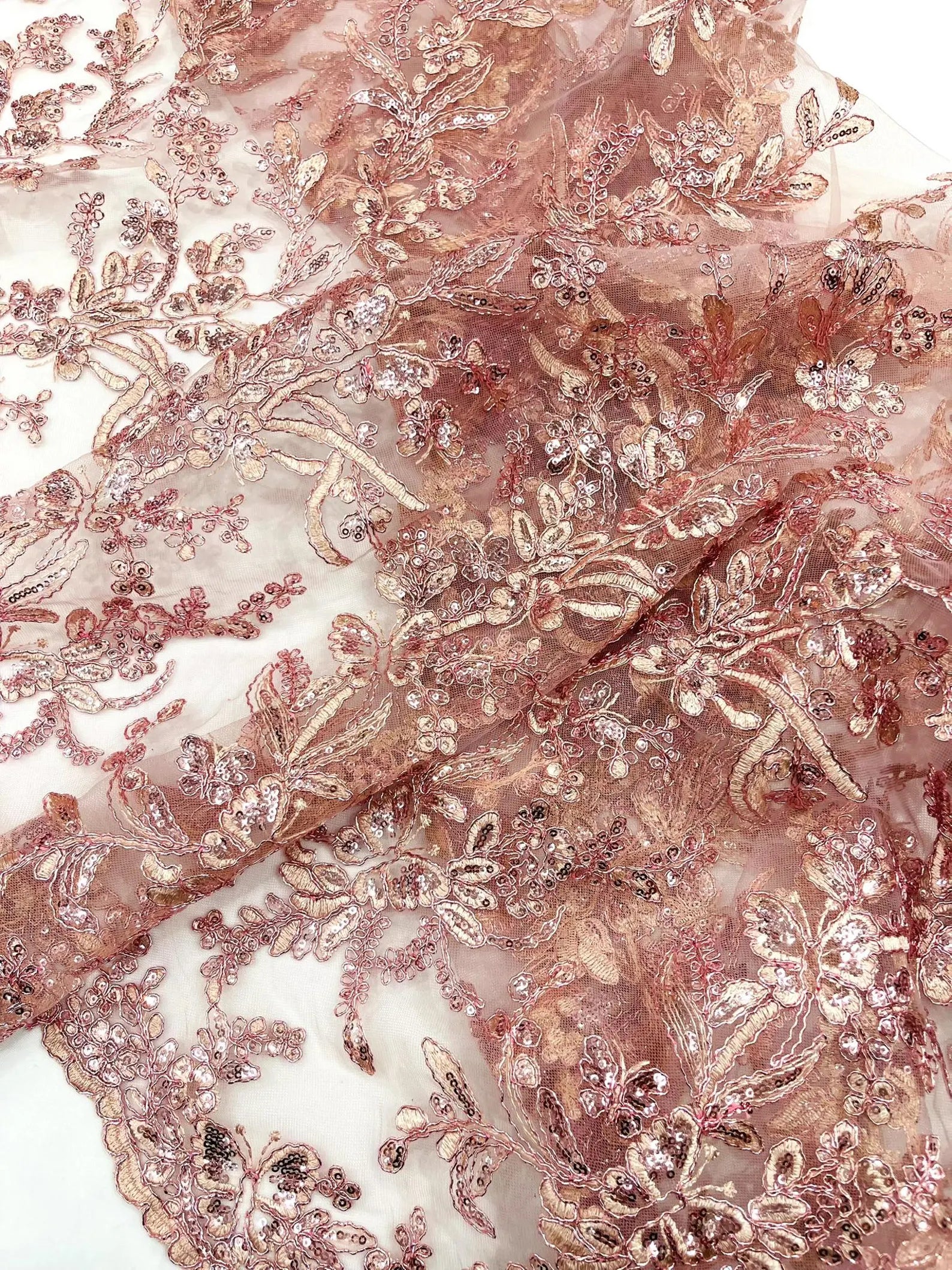 Corded Lace with Butterfly Embroidery and Sequin on Mesh Fabric By The Yard. Dusty Rose