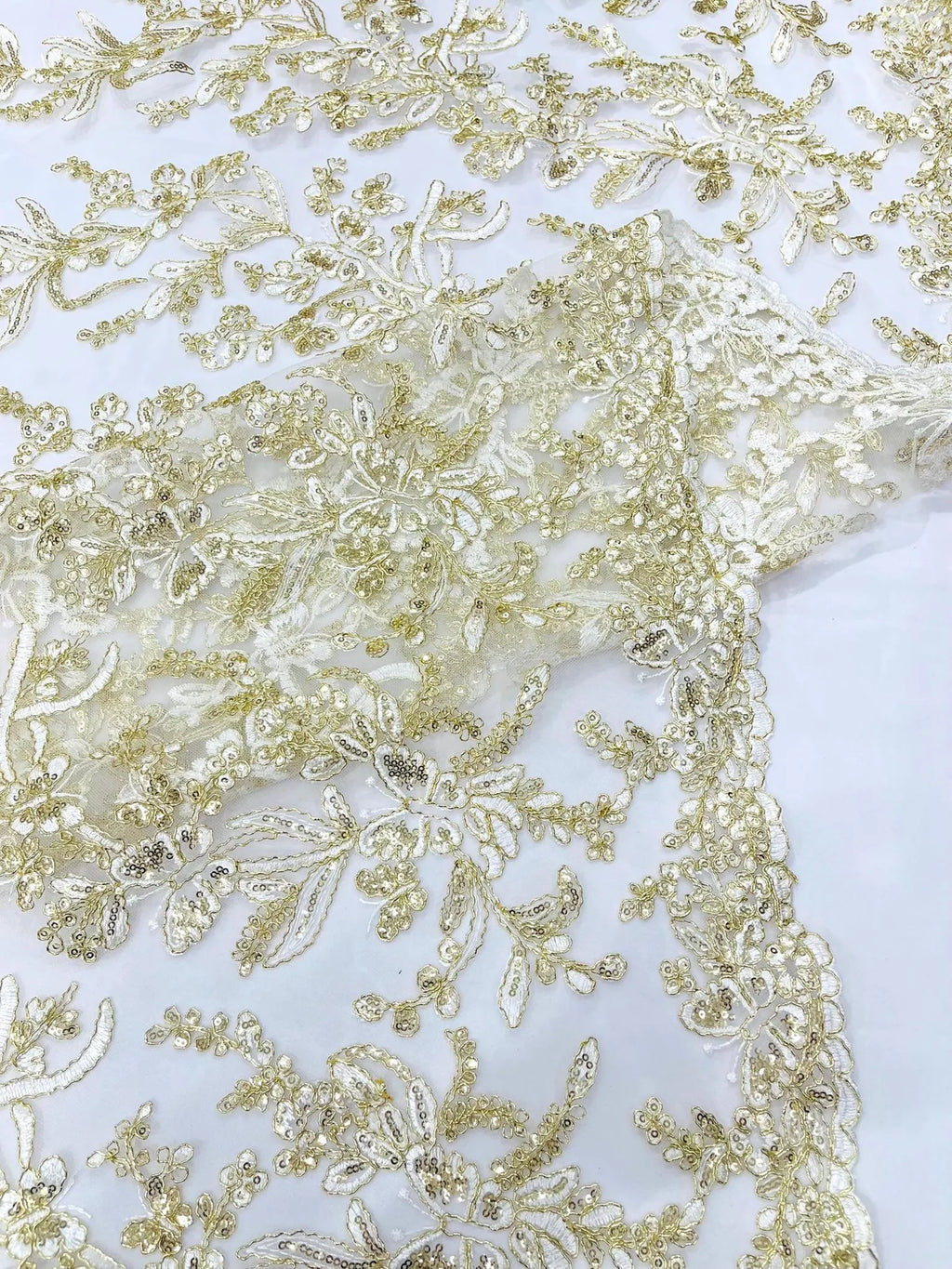 Corded Lace with Butterfly Embroidery and Sequin on Mesh Fabric By The Yard. Ivory Gold