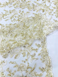 Corded Lace with Butterfly Embroidery and Sequin on Mesh Fabric By The Yard. Ivory Gold