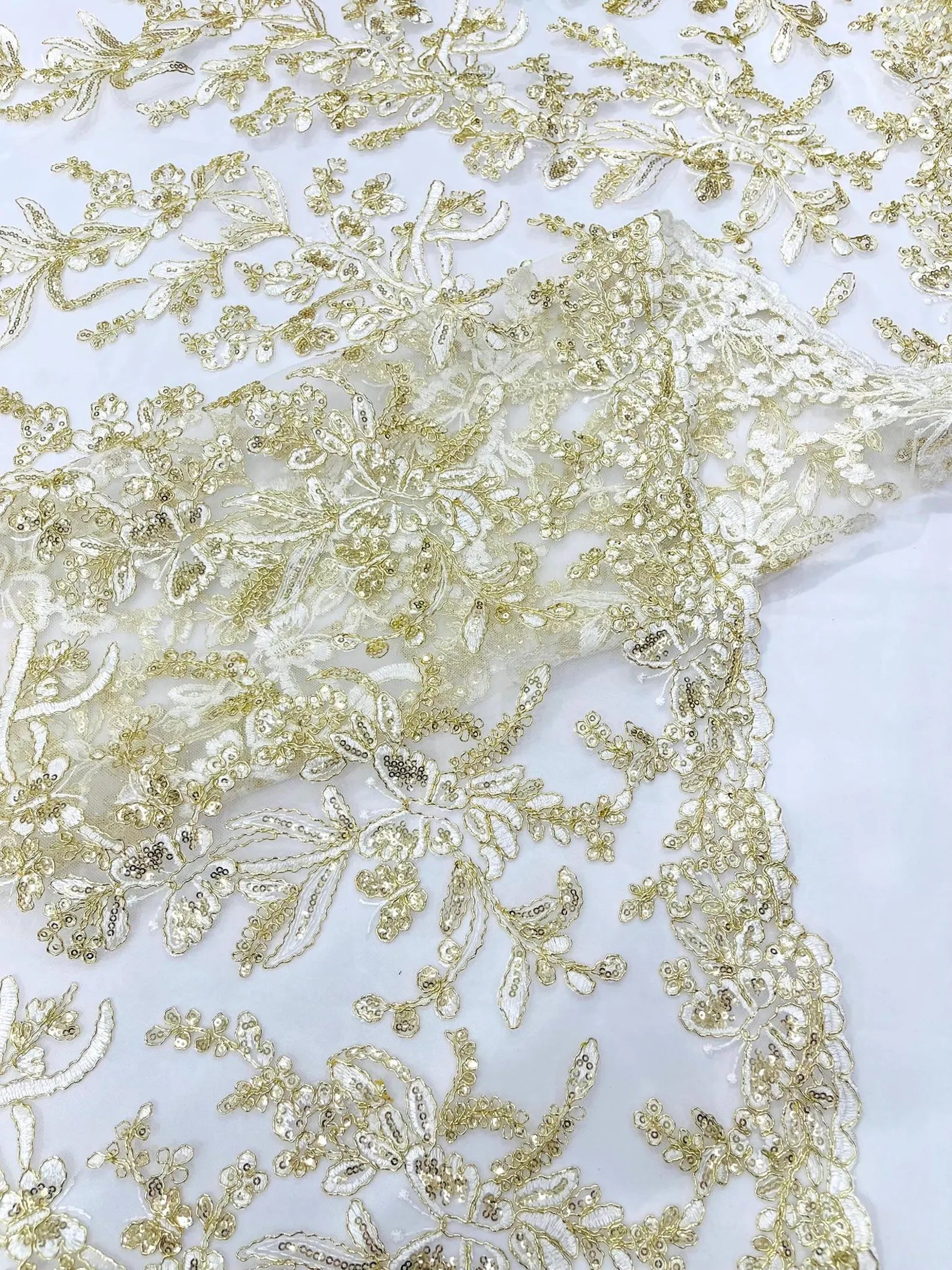 Corded Lace with Butterfly Embroidery and Sequin on Mesh Fabric By The Yard. Ivory Gold