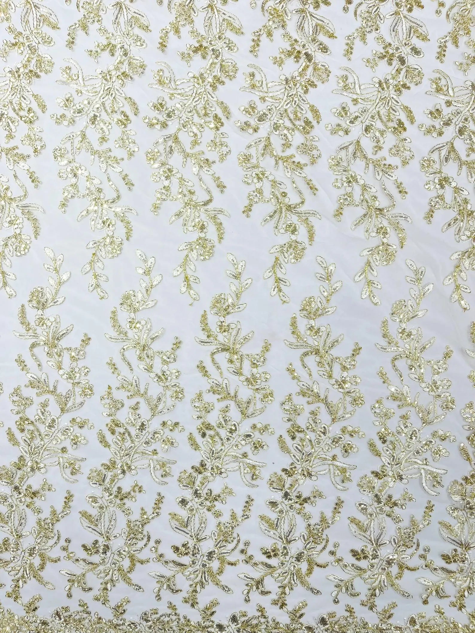 Corded Lace with Butterfly Embroidery and Sequin on Mesh Fabric By The Yard. Ivory Gold