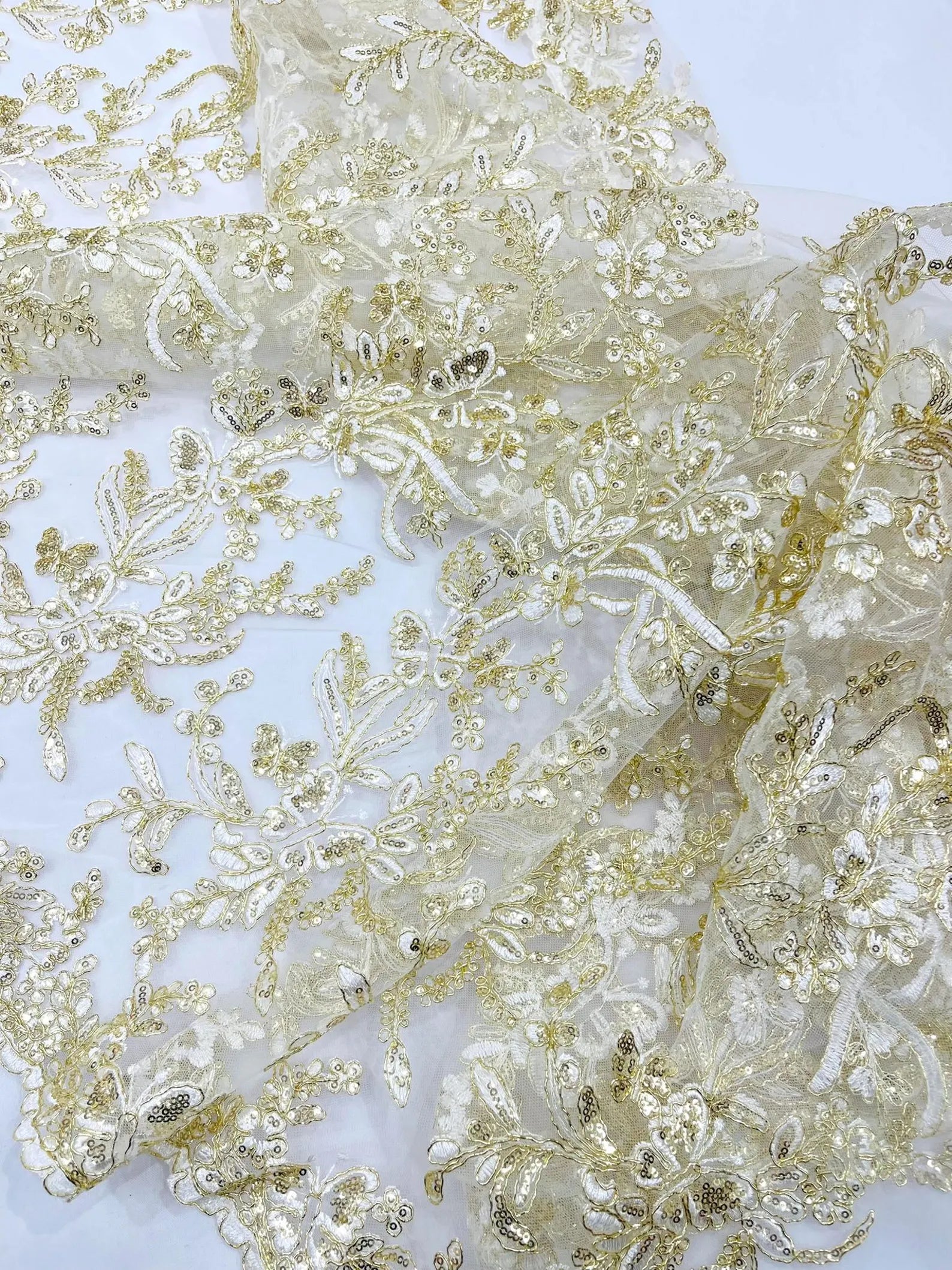 Corded Lace with Butterfly Embroidery and Sequin on Mesh Fabric By The Yard. Ivory Gold