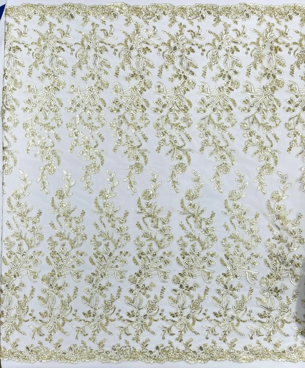 Corded Lace with Butterfly Embroidery and Sequin on Mesh Fabric By The Yard. Ivory Gold