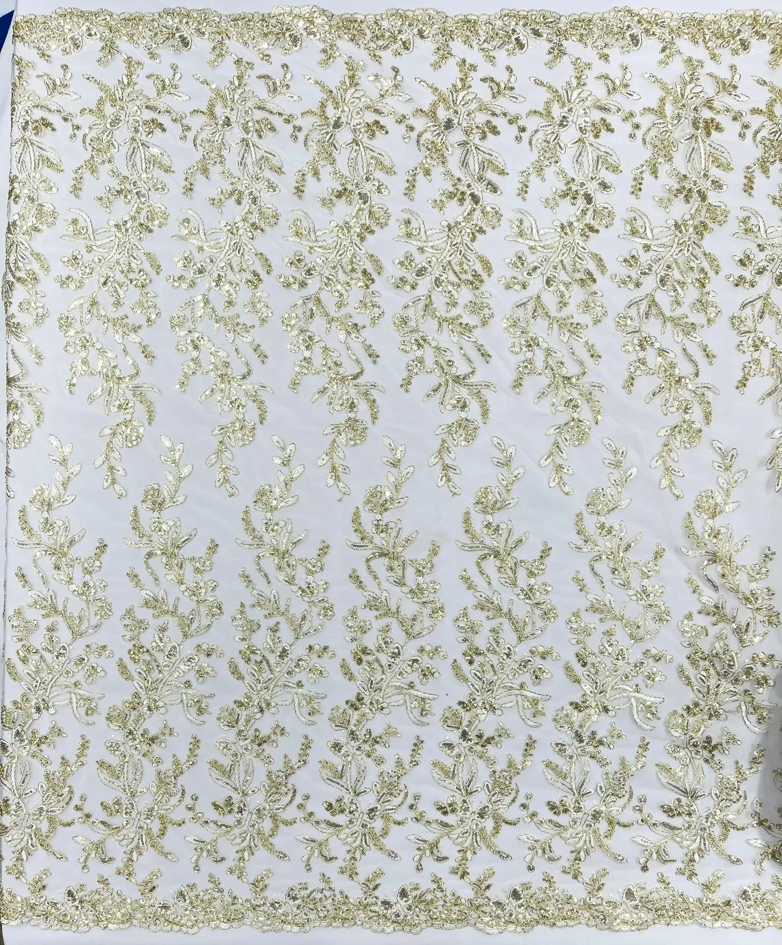 Corded Lace with Butterfly Embroidery and Sequin on Mesh Fabric By The Yard. Ivory Gold
