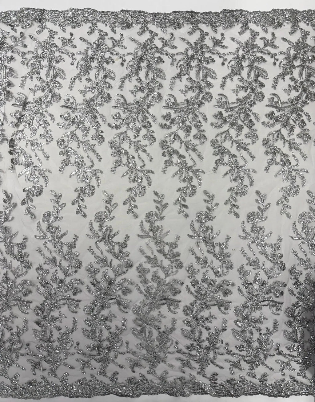Corded Lace with Butterfly Embroidery and Sequin on Mesh Fabric By The Yard. Silver