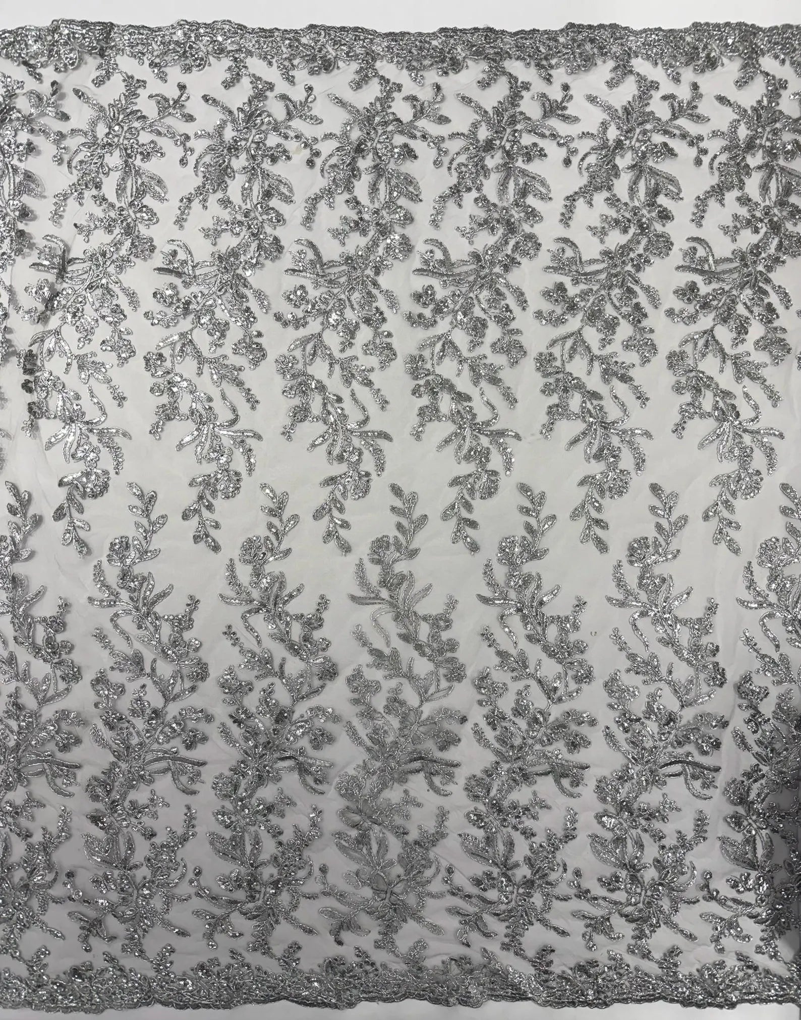 Corded Lace with Butterfly Embroidery and Sequin on Mesh Fabric By The Yard. Silver