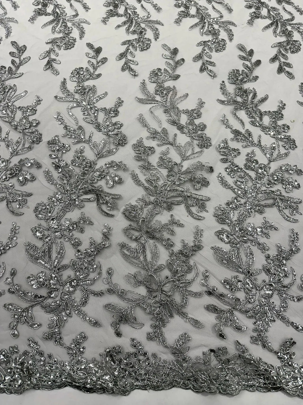 Corded Lace with Butterfly Embroidery and Sequin on Mesh Fabric By The Yard. Silver