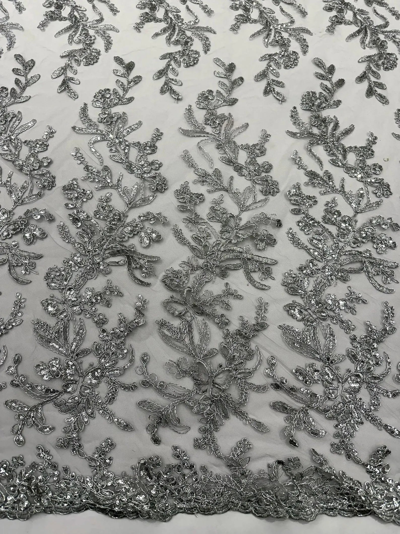 Corded Lace with Butterfly Embroidery and Sequin on Mesh Fabric By The Yard. Silver