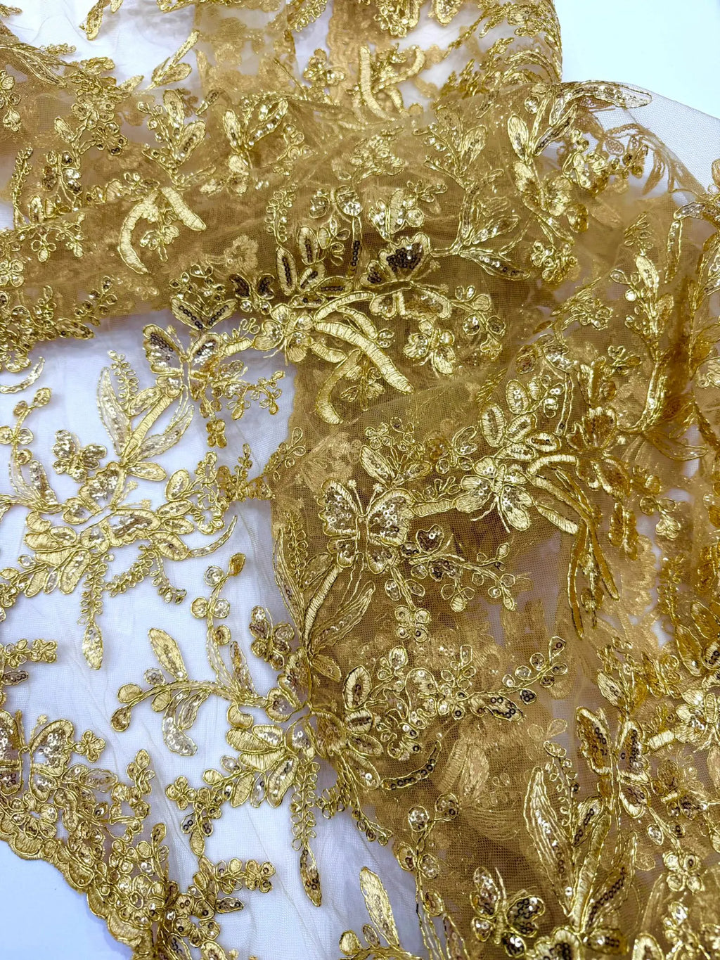 Corded Lace with Butterfly Embroidery and Sequin on Mesh Fabric By The Yard. Gold