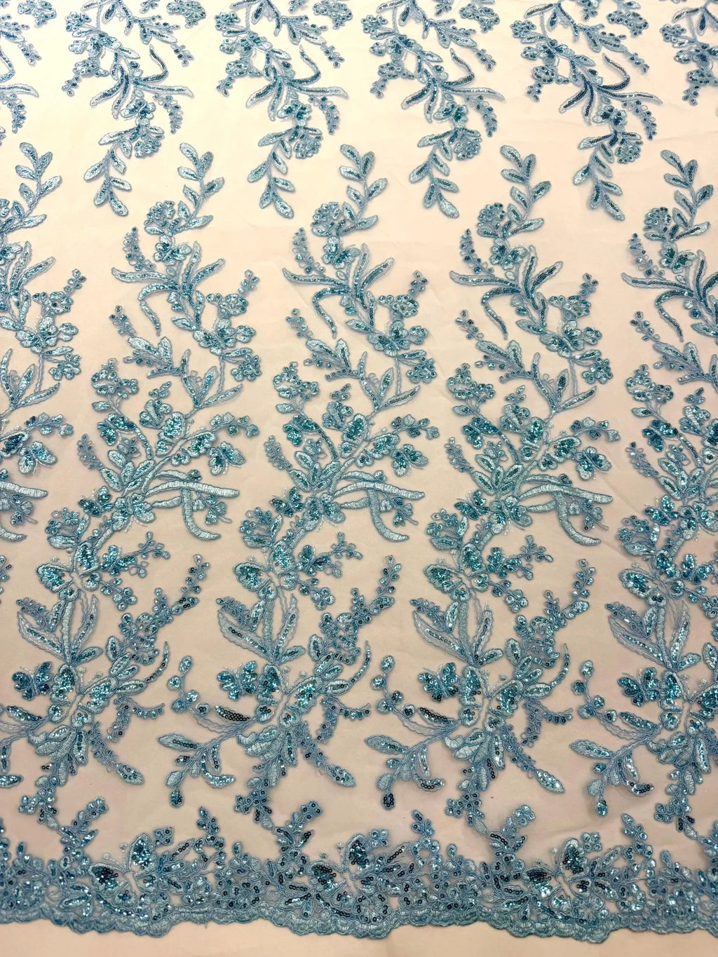 Corded Lace with Butterfly Embroidery and Sequin on Mesh Fabric By The Yard. Lt Blue