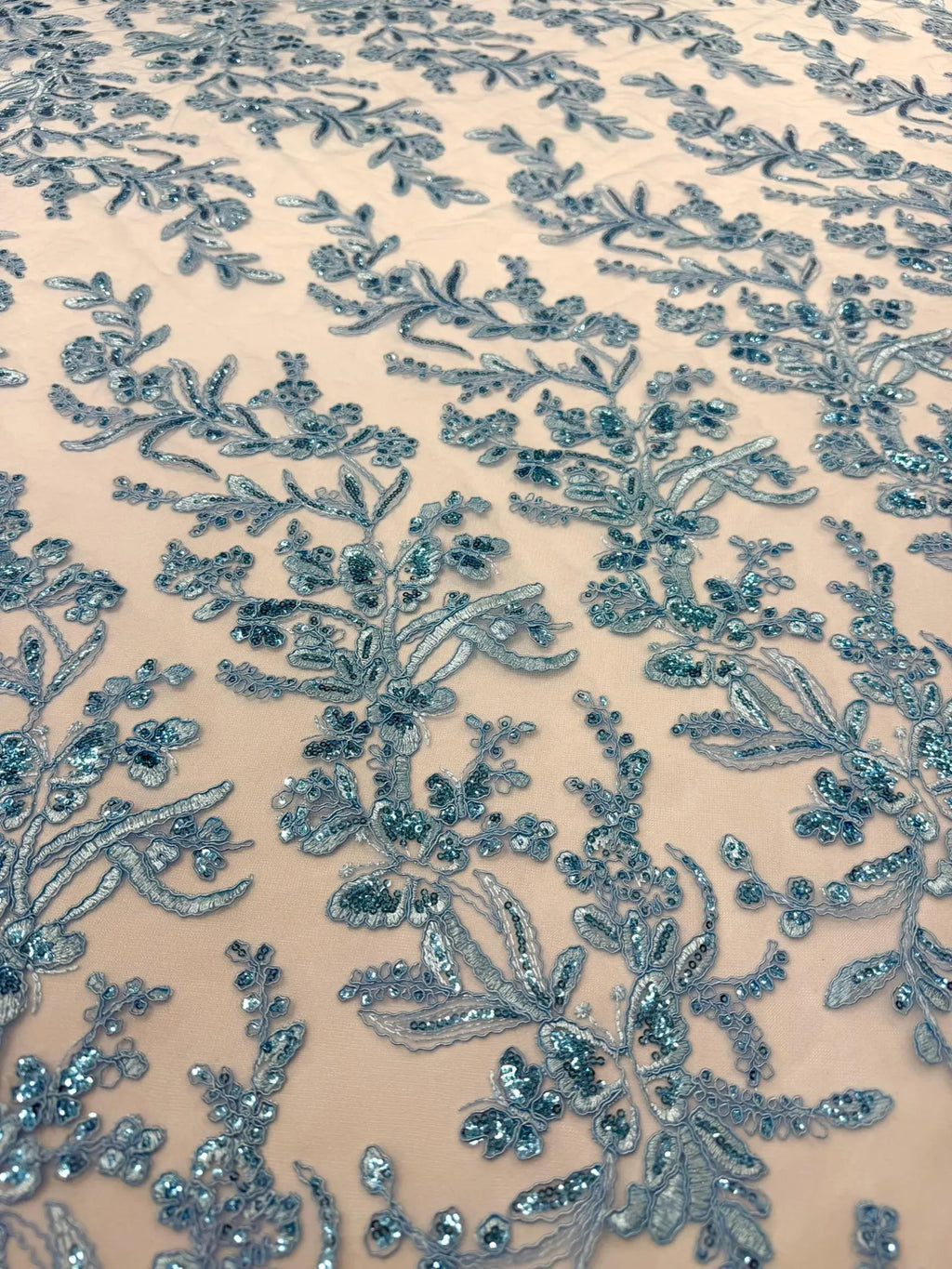 Corded Lace with Butterfly Embroidery and Sequin on Mesh Fabric By The Yard. Lt Blue
