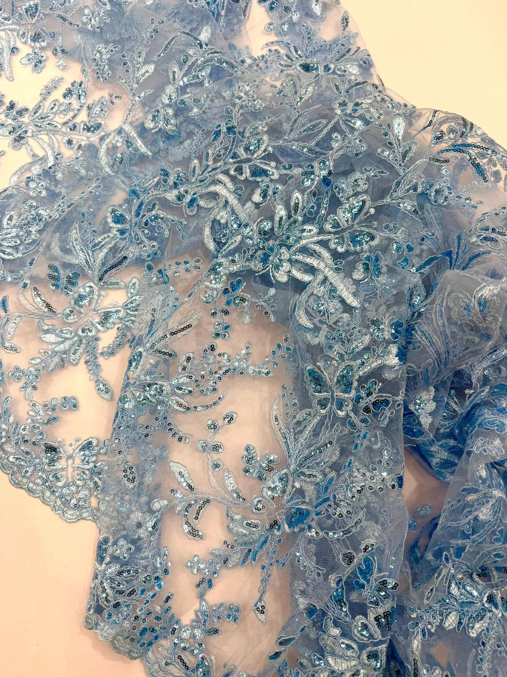 Corded Lace with Butterfly Embroidery and Sequin on Mesh Fabric By The Yard. Lt Blue