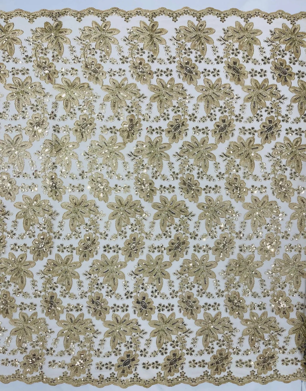 Floral Embroidery Damask Design With Sequins On A Mesh Lace Fabric By Yard. Champagne