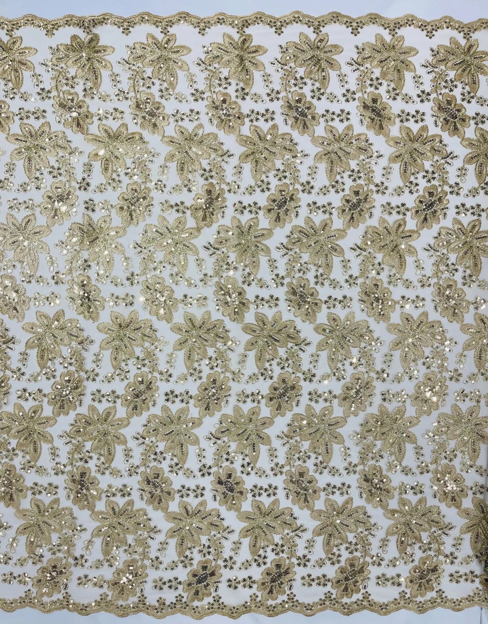 Floral Embroidery Damask Design With Sequins On A Mesh Lace Fabric By Yard. Champagne