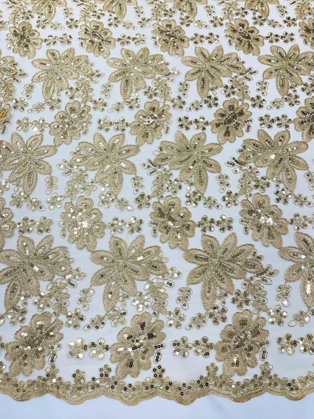 Floral Embroidery Damask Design With Sequins On A Mesh Lace Fabric By Yard. Champagne