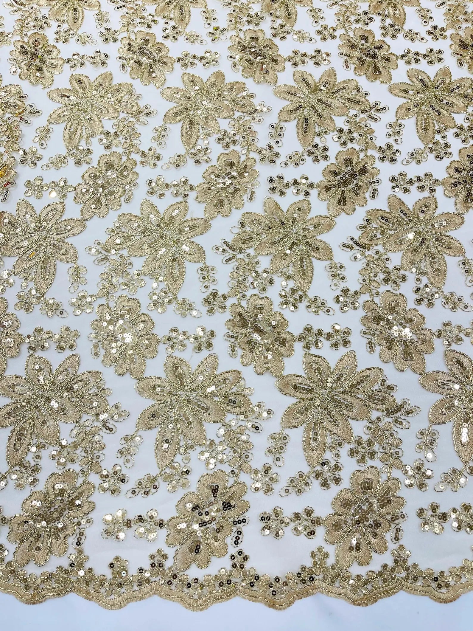 Floral Embroidery Damask Design With Sequins On A Mesh Lace Fabric By Yard. Champagne