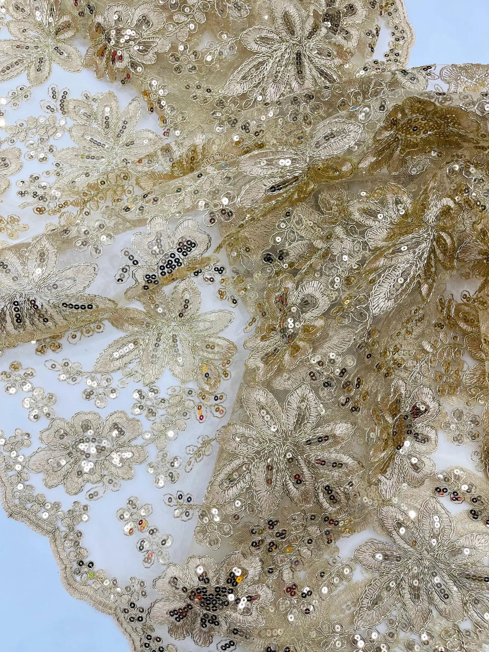 Floral Embroidery Damask Design With Sequins On A Mesh Lace Fabric By Yard. Champagne