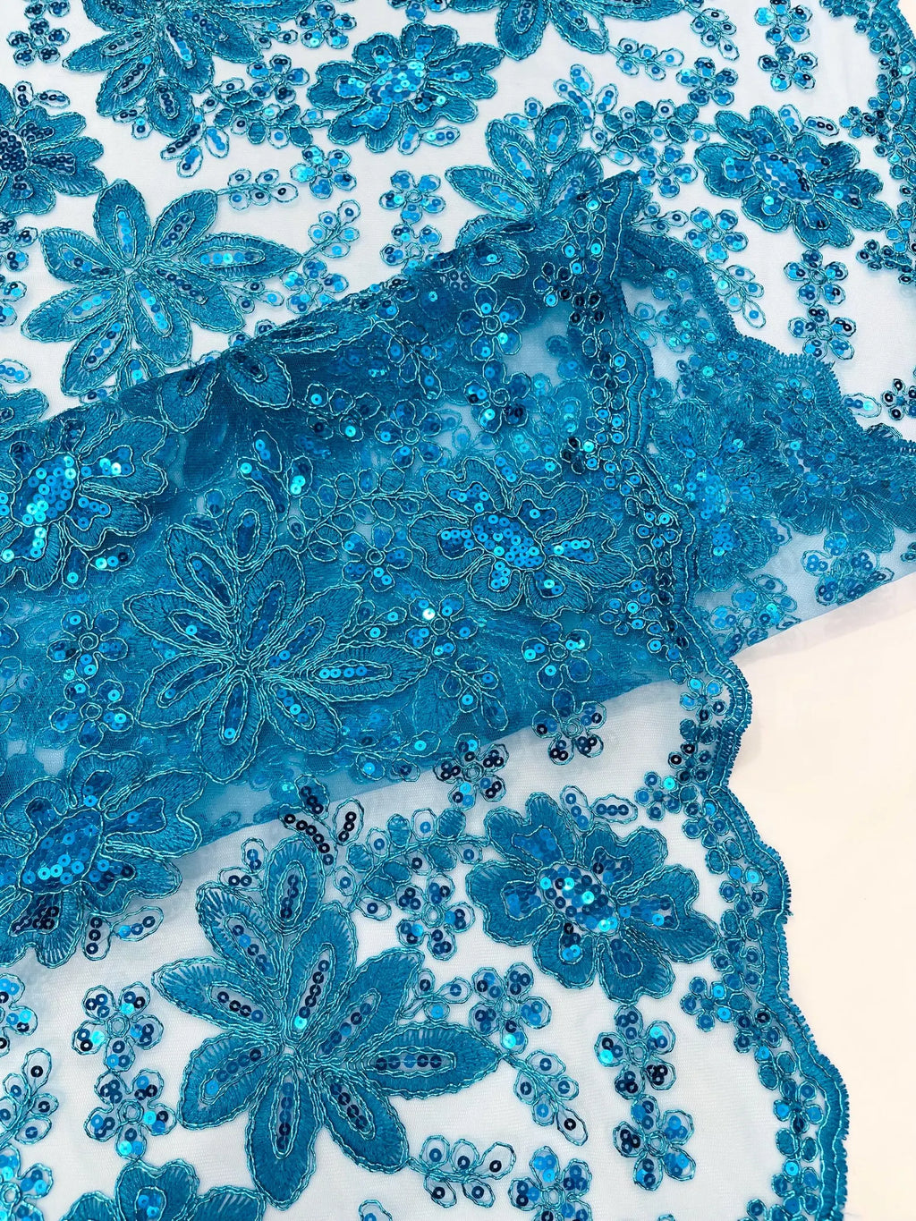 Floral Embroidery Damask Design With Sequins On A Mesh Lace Fabric By Yard. Turquoise
