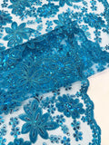 Floral Embroidery Damask Design With Sequins On A Mesh Lace Fabric By Yard. Turquoise