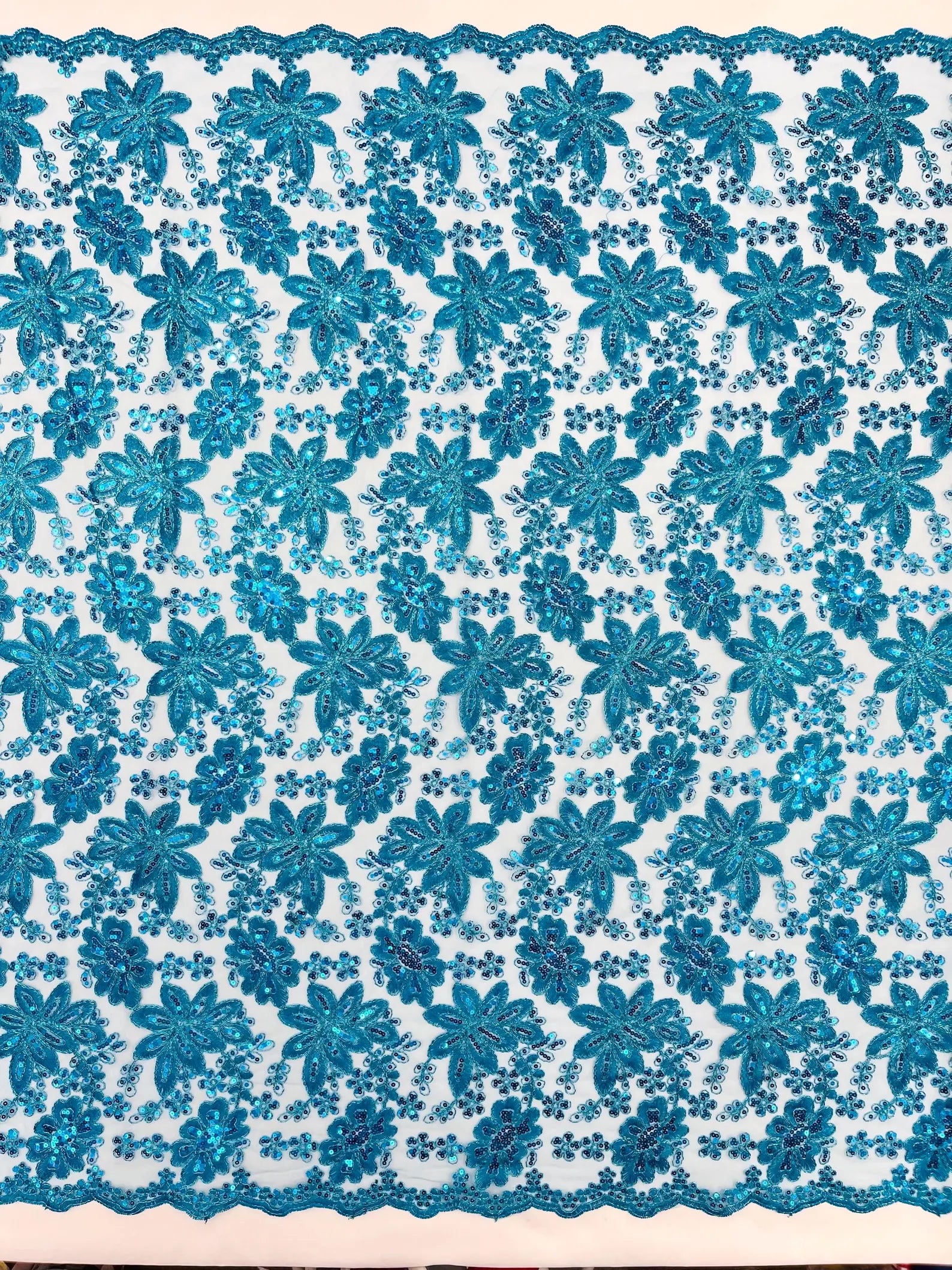 Floral Embroidery Damask Design With Sequins On A Mesh Lace Fabric By Yard. Turquoise