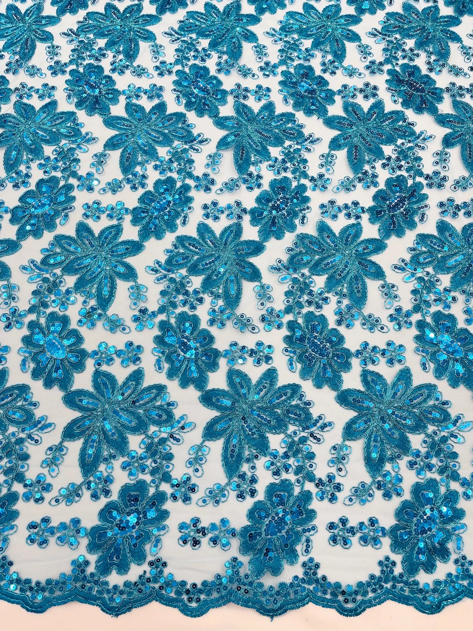 Floral Embroidery Damask Design With Sequins On A Mesh Lace Fabric By Yard. Turquoise