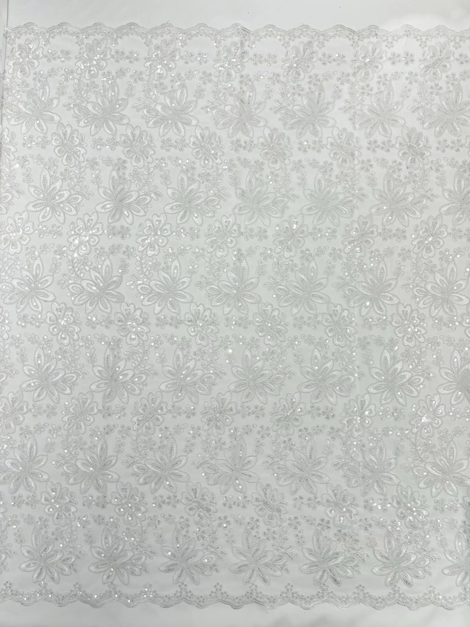 Floral Embroidery Damask Design With Sequins On A Mesh Lace Fabric By Yard. White